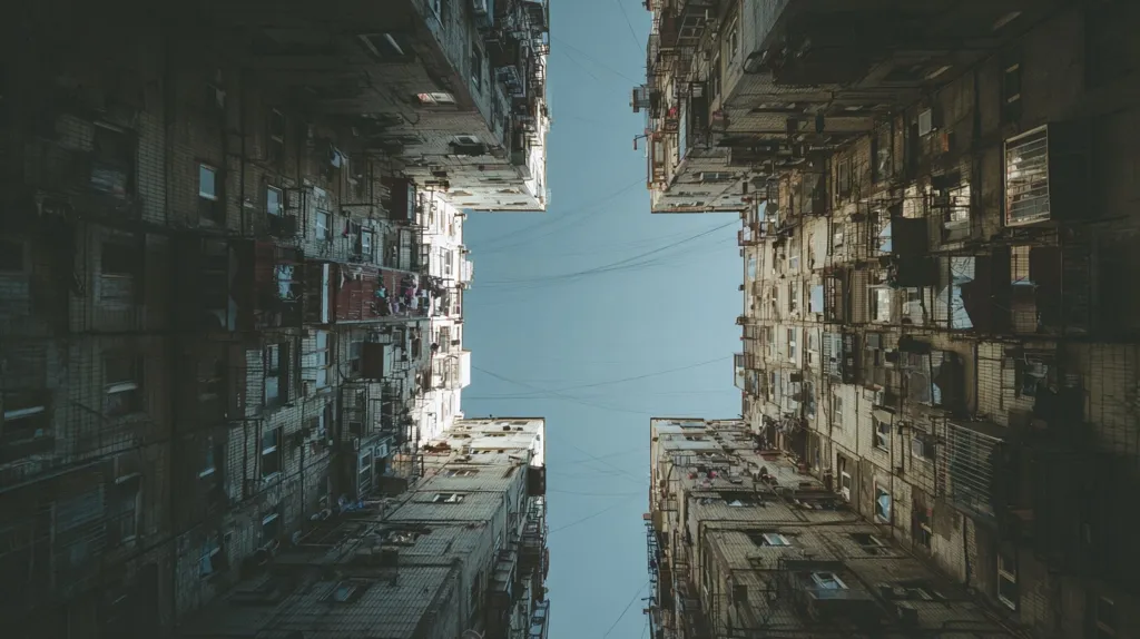 A low-angle shot looks up at four tall, densely packed buildings forming a cross shape against a clear blue sky.  The buildings are aged, showing wear and numerous windows and balconies.  Utility wires crisscross the sky above. The image evokes a sense of urban density and close quarters.