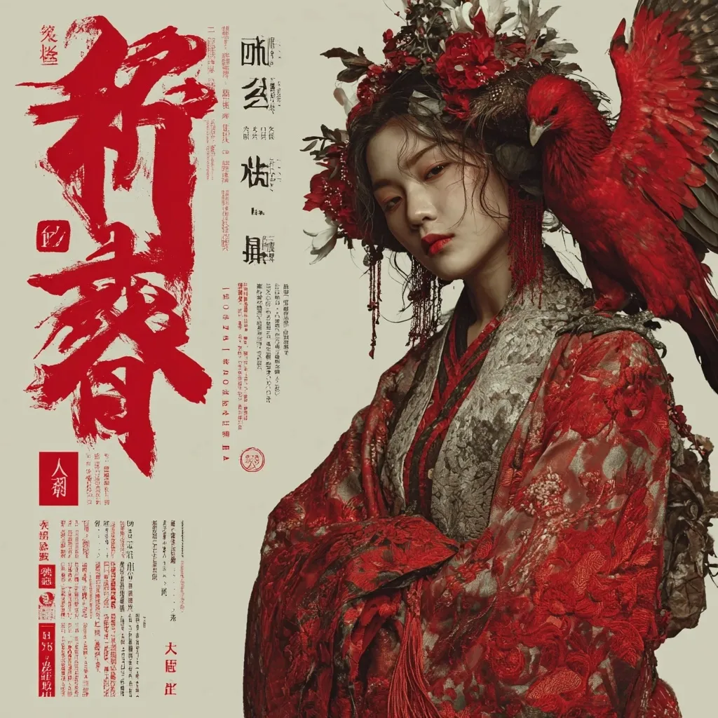 A captivating portrait showcases a woman adorned in a rich, red, intricately embroidered robe.  Her elaborate headdress features vibrant red flowers and a striking crimson bird. The overall aesthetic is dramatic and evocative, suggesting a character from a period drama or fantasy setting.  The image incorporates stylized Chinese calligraphy, further enhancing its artistic and cultural context.