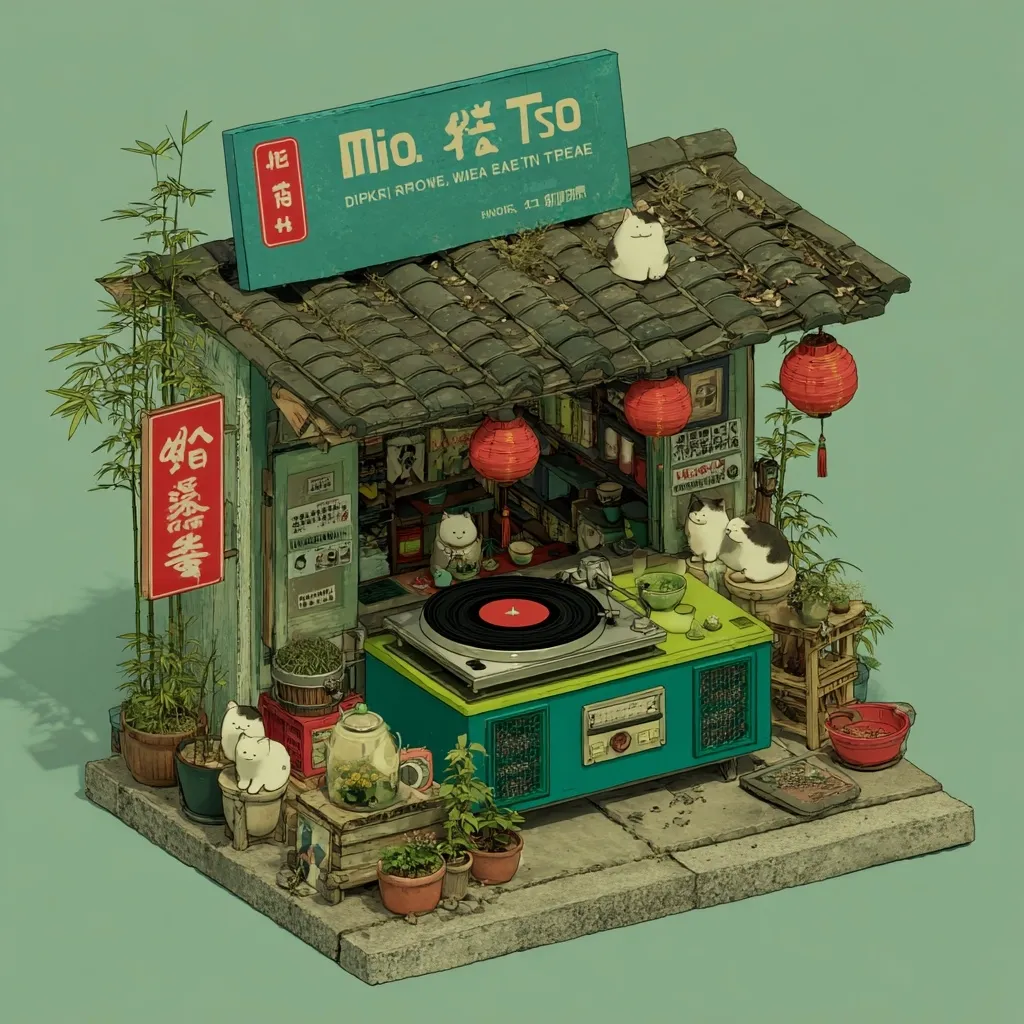 A charming isometric illustration depicts a quaint Asian shop, "Mio. 茗 Tso," adorned with red lanterns and lush greenery.  Cats are casually perched throughout the scene, adding a whimsical touch.  A vintage record player sits prominently, suggesting a blend of old-world charm and modern sensibilities.  The overall style is detailed and nostalgic, evoking a sense of calm and serenity.
