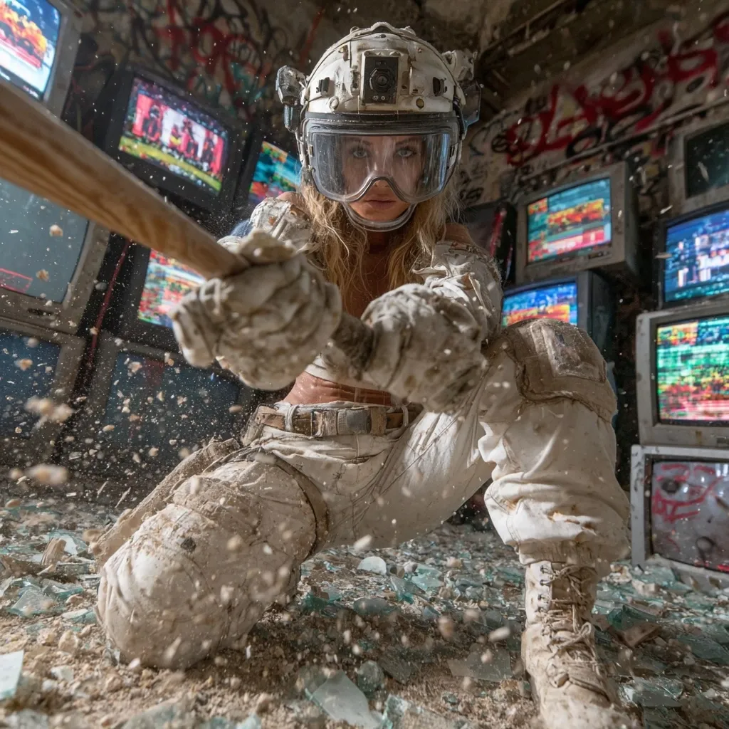A female warrior, clad in dirty white tactical gear and a helmet, fiercely swings a baseball bat, shattering glass amidst a backdrop of old, graffiti-covered televisions.  Dust and debris fly as she delivers a powerful blow, showcasing determination and strength in a post-apocalyptic or dystopian setting. The scene is gritty and visually striking.