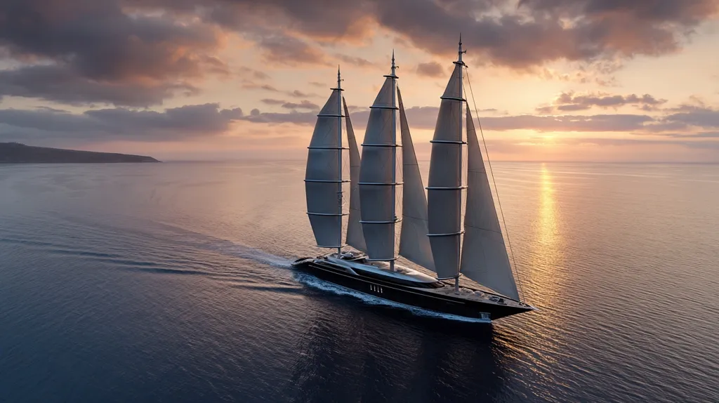 A large, black sailing yacht glides across the ocean at sunset.  Its multiple masts are unfurled, catching the golden light reflecting on the water.  The yacht's sleek design contrasts with the dramatic, cloudy sky.  A distant landmass is visible on the horizon, adding to the serene, picturesque scene. The image evokes feelings of luxury and tranquility.
