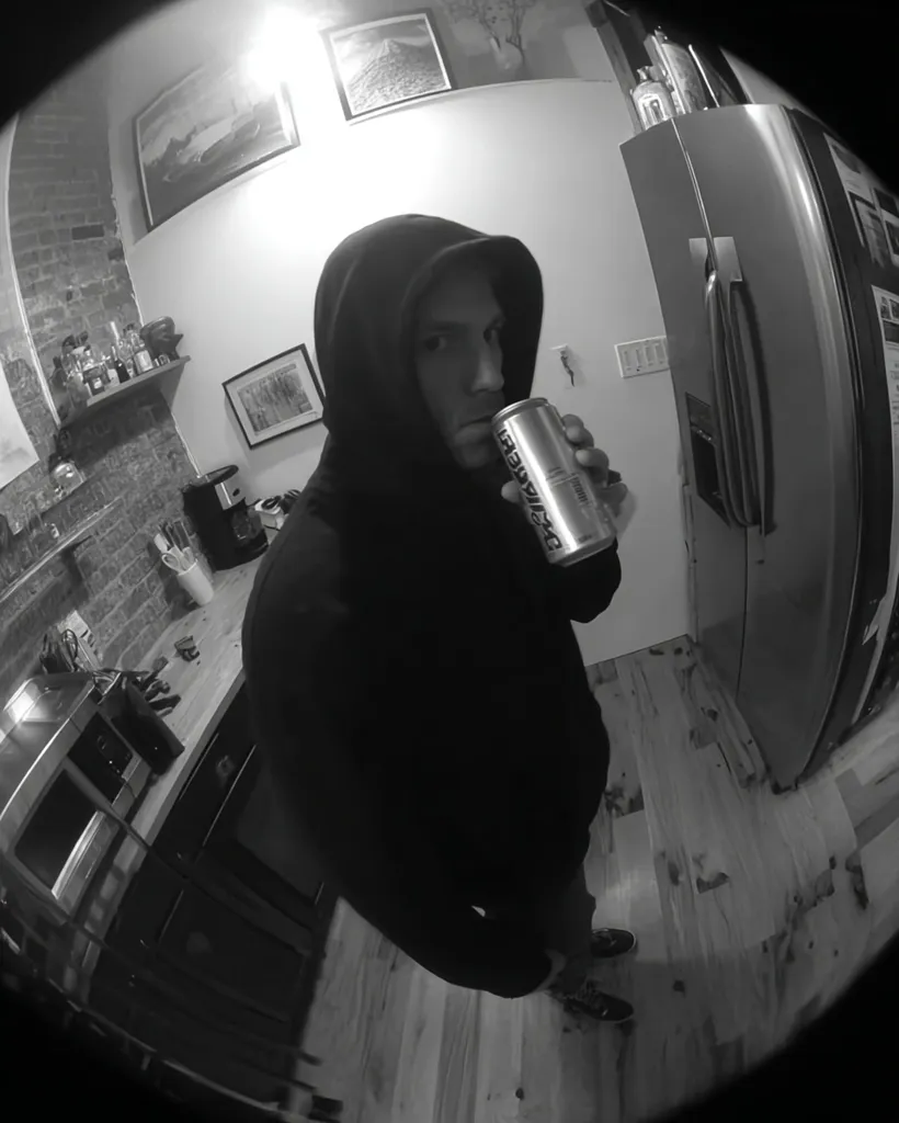 A black and white fisheye lens photo shows a person wearing a dark hoodie, standing in a kitchen. They hold a drink can, possibly an energy drink. The kitchen has exposed brick walls, shelves with bottles, and a refrigerator.  The image has a slightly distorted, wide-angle perspective.  The overall mood is dark and somewhat mysterious.