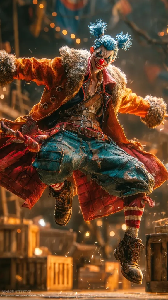 A dynamic image showcases a male clown figure, mid-leap, against a backdrop of a dimly lit, industrial setting.  He's clad in a vibrant orange coat with fur trim, distressed denim, and striking red and white striped socks, complemented by sturdy boots. His face, painted with a sinister grin and bright red nose, adds a menacing contrast to the whimsical attire.  Sparks fly beneath him, enhancing the action-packed composition.