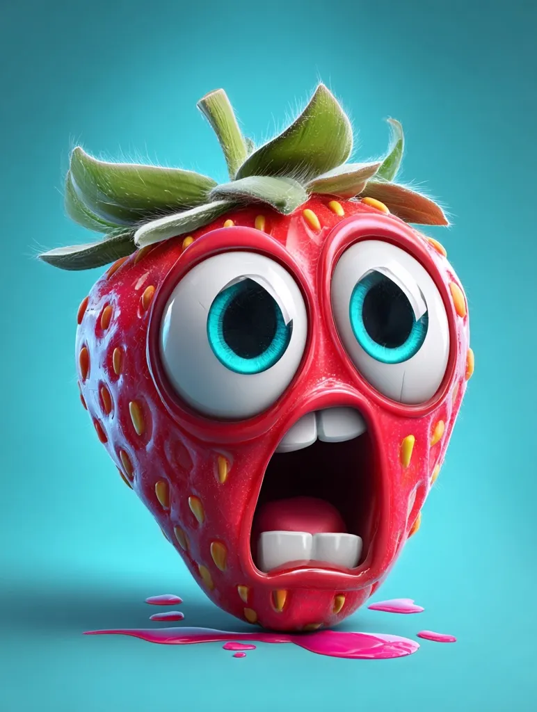 A cartoon strawberry with large, expressive eyes and an open mouth screams in terror.  Its bright red body is detailed with yellow seeds, and its green leaves are slightly fuzzy.  A pink spill of juice lies beneath it against a teal background, enhancing the comical, slightly surreal scene. The strawberry's expression is exaggerated and comical.