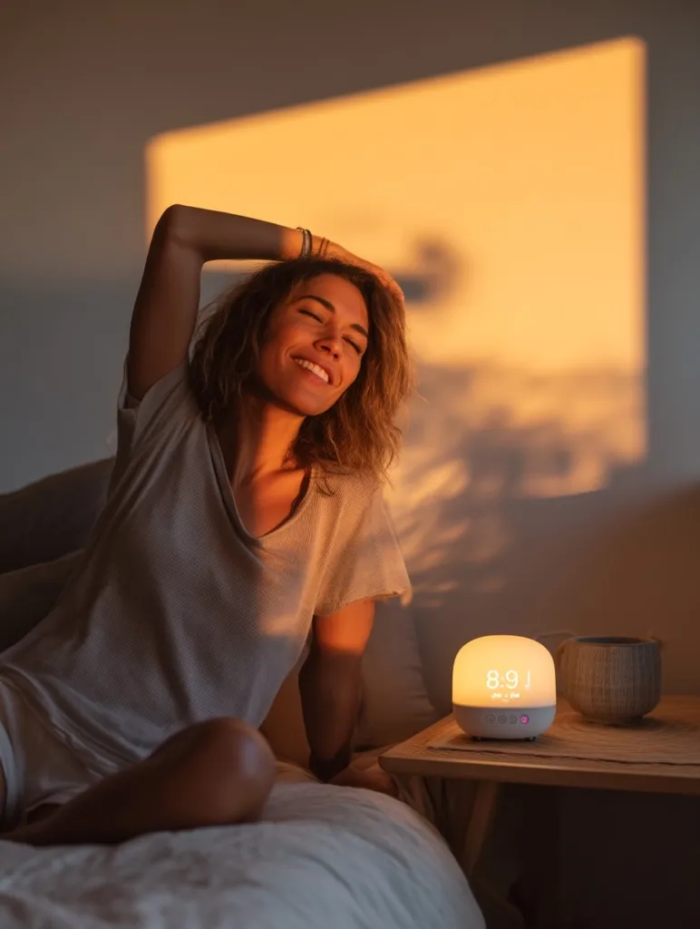 A woman relaxes in bed at sunset, her arm raised behind her head.  She's wearing a light-colored shirt and appears content. A softly lit aroma diffuser, displaying the time 8:91, sits on a bedside table next to a small mug.  The warm light creates a calming and peaceful atmosphere in the bedroom.