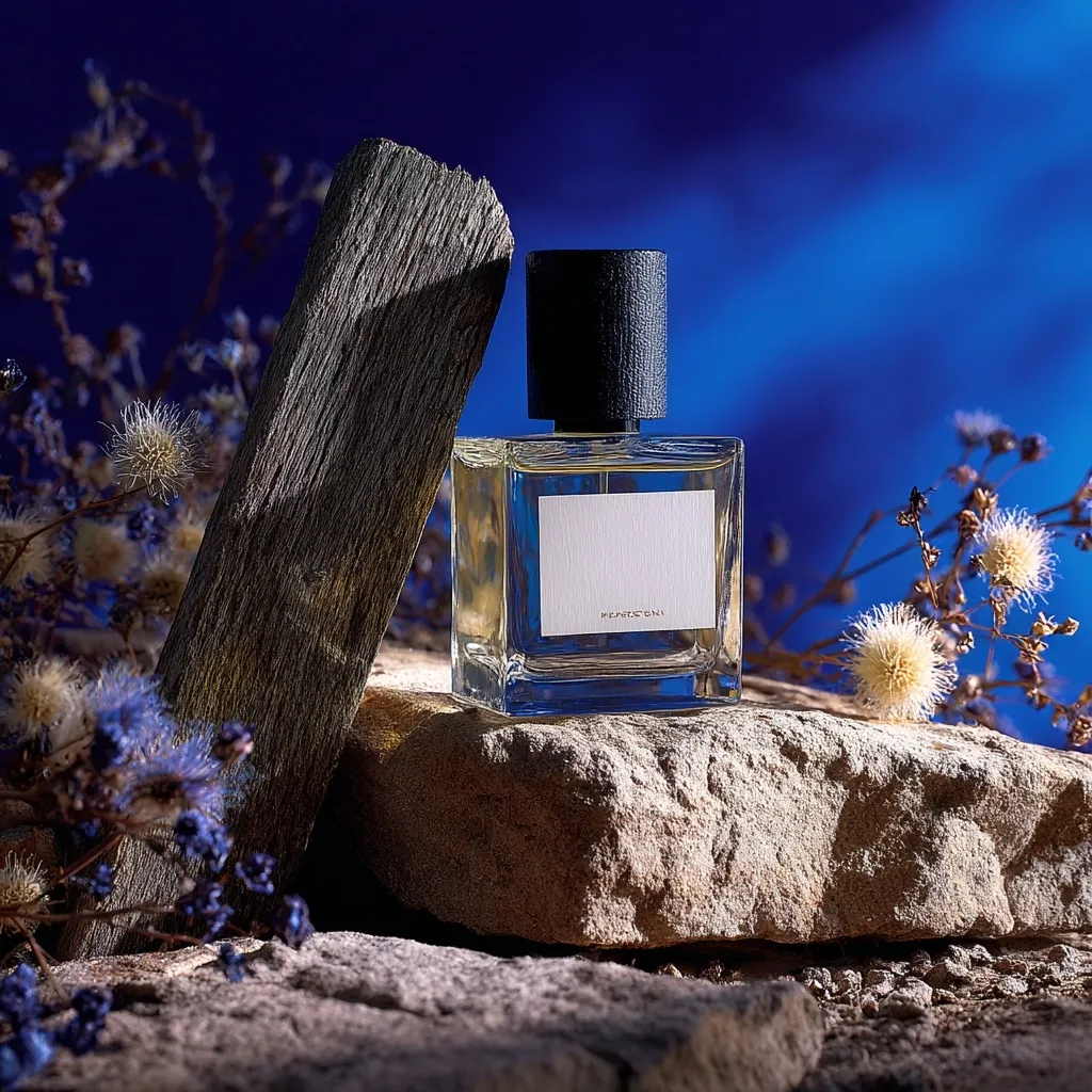 A minimalist perfume bottle sits on a rock, nestled amongst dried flowers and a piece of weathered wood. The bottle is square with a dark cap, showcasing a clean, label-less design against a vibrant blue backdrop.  The scene is evocative of natural beauty and understated elegance, highlighting the perfume's simple yet sophisticated aesthetic. The overall mood is serene and tranquil.
