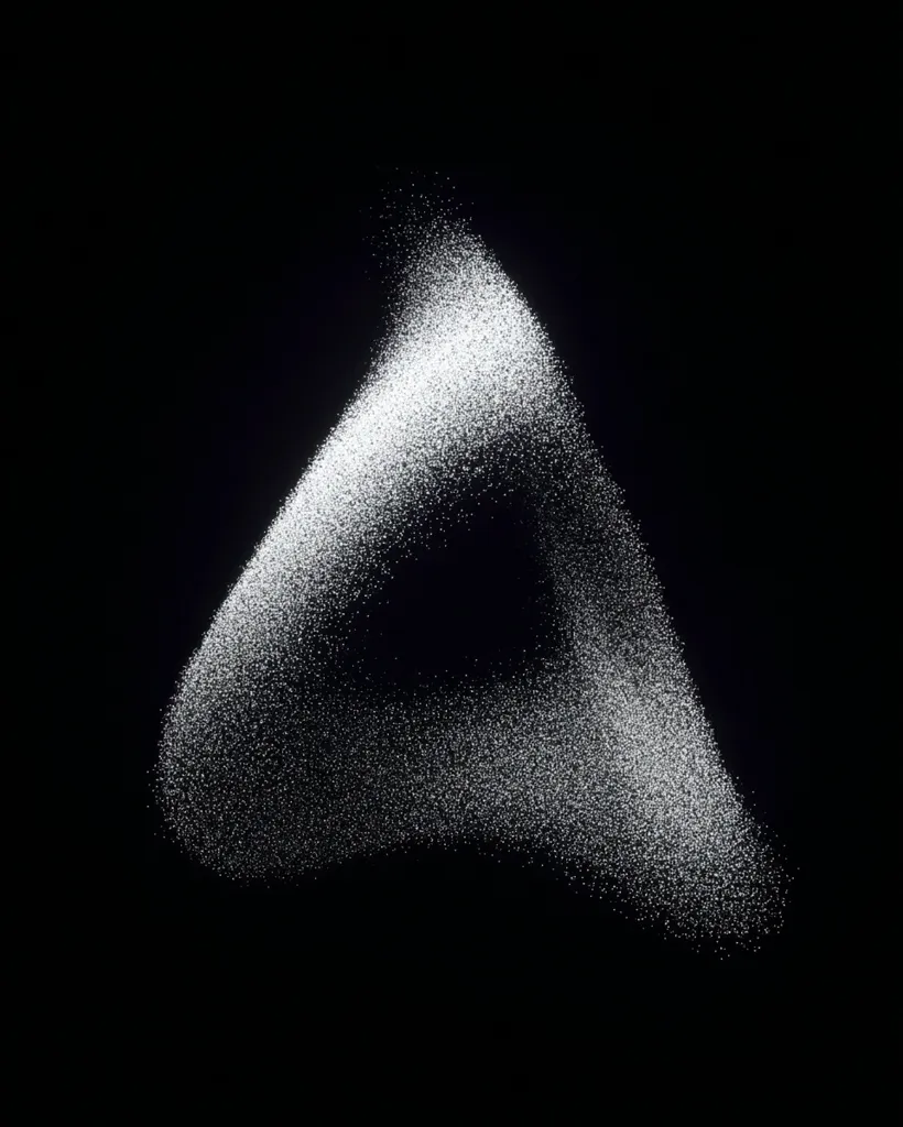 A triangular shape is formed by a cloud of tiny white particles against a completely black background. The particles appear to be in motion, creating a slightly blurry effect.  The overall impression is one of ethereal lightness and movement, suggesting a fleeting or ephemeral form.  The contrast between the white particles and the black background is stark and visually striking.