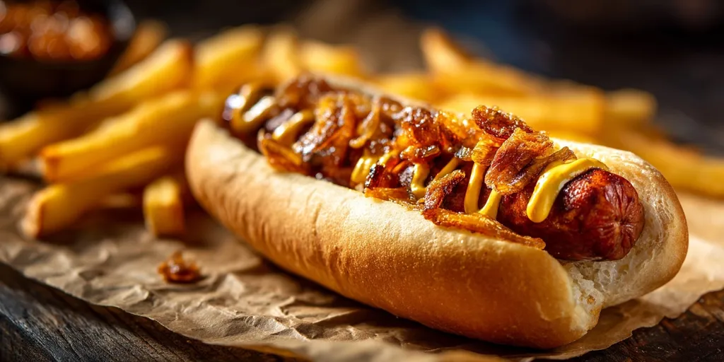 A delicious hot dog sits nestled in a soft bun, generously topped with crispy fried onions and a squiggle of bright yellow mustard.  A pile of golden french fries rests beside it on brown paper, hinting at a satisfying and flavorful meal. The image is rich with warm lighting and textures, making the food look incredibly appetizing.