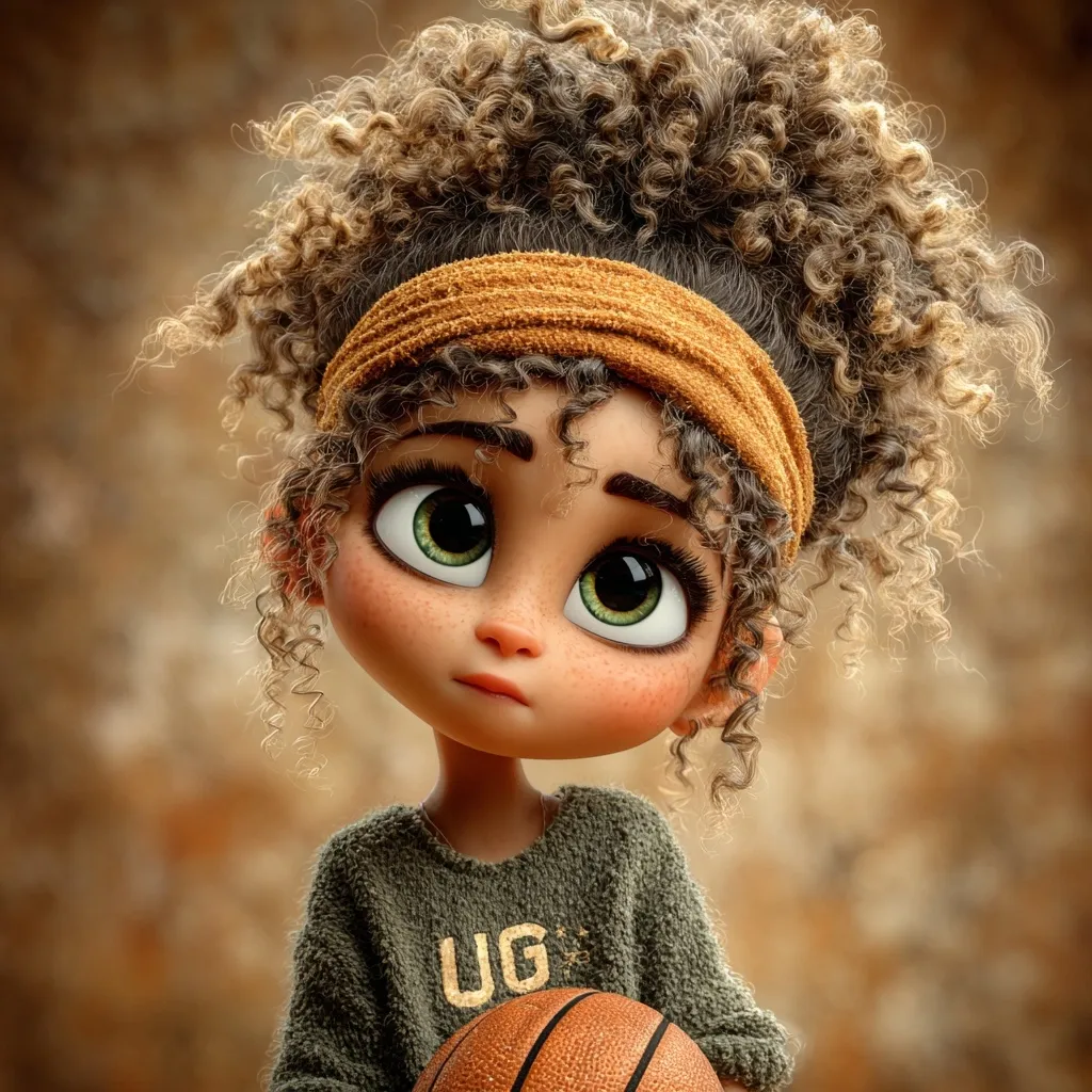 A digital rendering of a cute, young Black girl with large, expressive green eyes and voluminous curly brown hair.  She wears a mustard-colored headband and a green sweater with a partially visible logo.  She holds a basketball, her expression pensive. The background is a blurred, warm brown tone. The style is reminiscent of 3D animation or CGI.