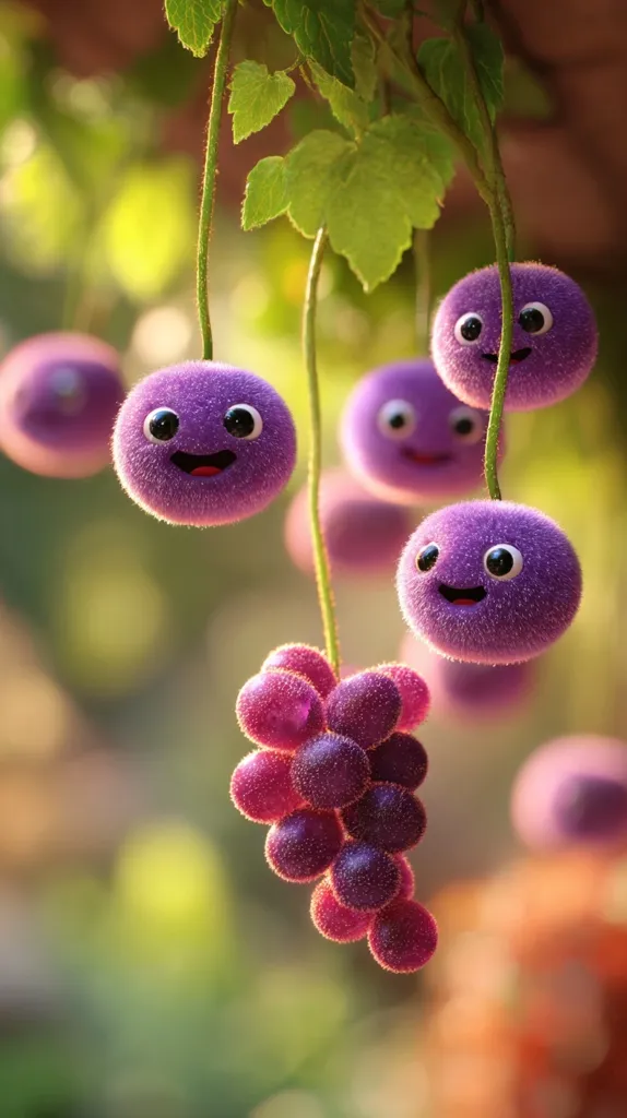 Adorable, fuzzy purple fruits with happy faces hang from a vine, alongside a cluster of smaller, darker purple grapes.  The scene is softly lit, with a blurred background of green and orange hues, creating a whimsical, cartoonish effect.  The overall impression is one of playful charm and sweetness.