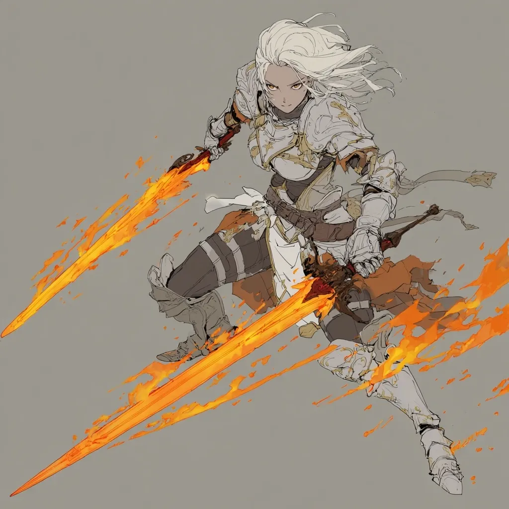 A female knight, clad in ornate silver armor, wields two flaming swords.  Her long, white hair flows behind her as she lunges forward, the orange flames licking at the blades. The dynamic pose and fiery weapons create a sense of intense action and power.  The artwork style is a blend of realism and stylized fantasy elements, with a muted color palette emphasizing the fiery swords.