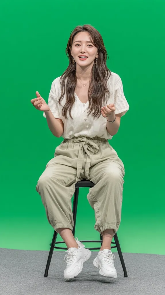 A young woman with long brown hair sits on a black stool against a bright green background. She's wearing a white, short-sleeved blouse and light beige, loose-fitting pants.  Her white sneakers and relaxed posture suggest a casual and comfortable setting, possibly a photoshoot or interview. She's gesturing with her hands, suggesting she's engaged in conversation or explaining something.