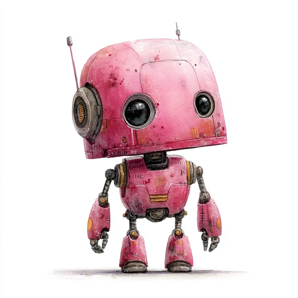 A watercolor painting depicts a cute, pink robot.  Its boxy head features large, expressive eyes and small antennae. The body is similarly shaped, with visible joints and metallic details.  The robot appears slightly weathered, adding to its charm.  The overall style is whimsical and slightly retro.