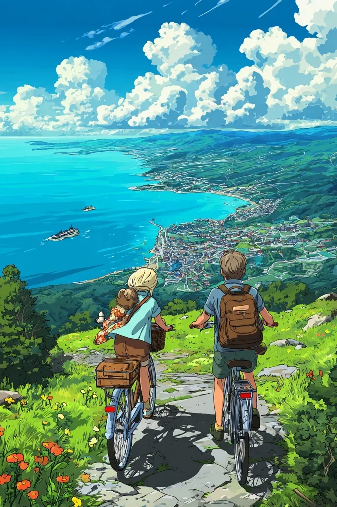 A couple cycles along a scenic hillside path overlooking a vibrant coastal town and sparkling ocean.  The sun shines brightly on a cloud-filled sky.  They carry backpacks and baskets, suggesting a leisurely journey. Wildflowers bloom alongside the path, adding to the idyllic summer scene.  Ships are visible in the distance, further emphasizing the breathtaking view.