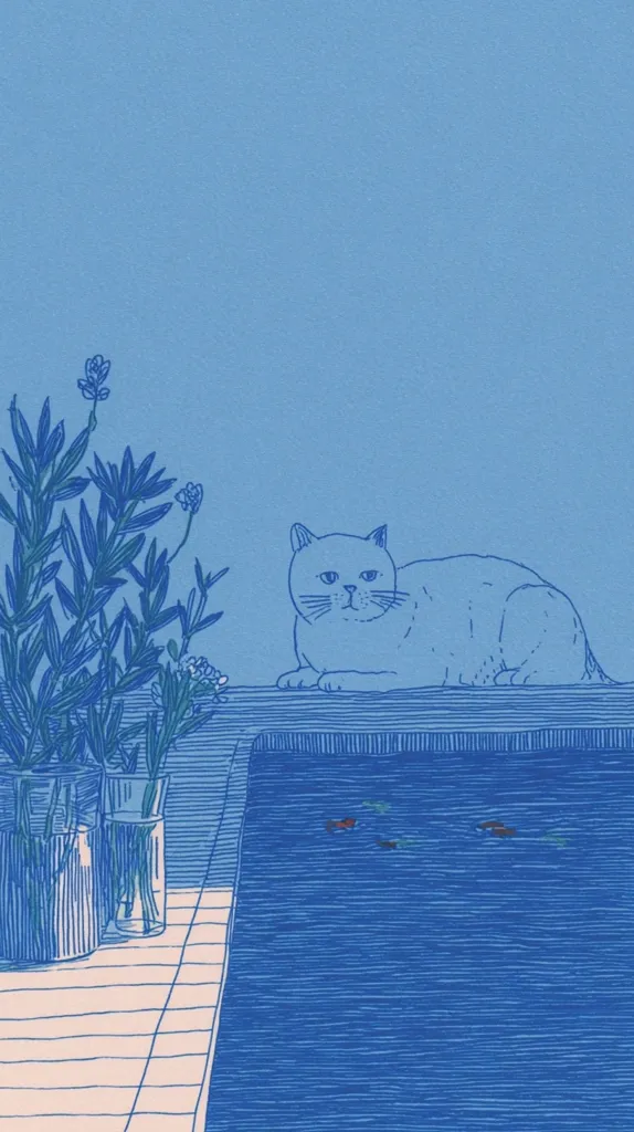 A serene blue-toned illustration depicts a cat lounging on a ledge overlooking a pool.  Two vases of greenery stand to the left.  The cat is rendered in simple lines, appearing calm and observant. The overall style is minimalist and evokes a sense of quiet contemplation.  The pool shows subtle hints of movement, suggesting fish swimming below.