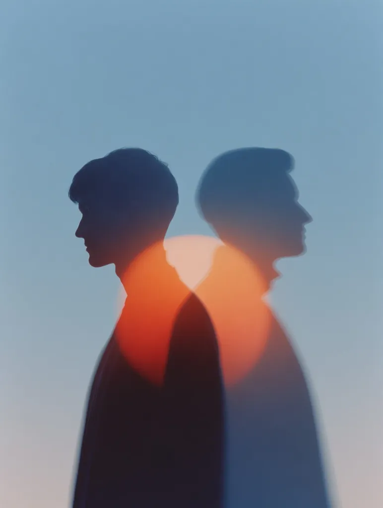 Silhouetted figures of two men stand back-to-back against a soft blue sky.  A vibrant orange-red light, possibly a sunset, blurs behind them, creating a dreamy, ethereal effect. The image emphasizes the contrast between the dark silhouettes and the warm light, suggesting duality or a sense of separation. The overall mood is melancholic yet beautiful.