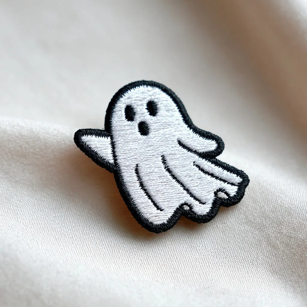 A cute, embroidered ghost patch rests on a creamy white fabric.  The ghost is white with black outline stitching, featuring simple, friendly features.  Its design is whimsical and cartoonish, perfect for adding a touch of Halloween spirit to clothing or accessories. The patch's texture appears soft and slightly fluffy.