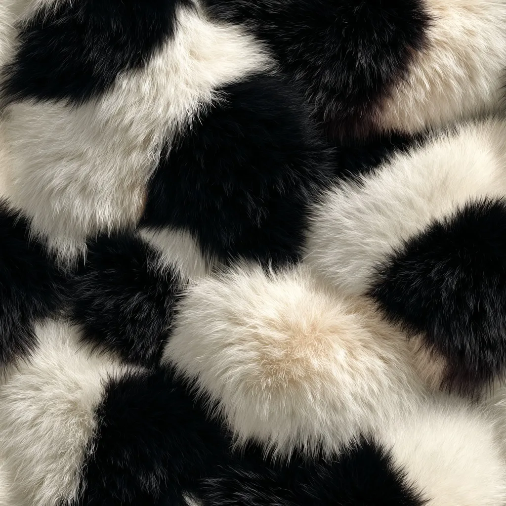 A close-up shot reveals a luxurious texture of black and white fur.  The fur is arranged in a patchwork pattern of rounded shapes, creating a visually appealing contrast between the dark and light shades. The individual hairs are soft and plush, suggesting a high-quality, possibly animal, fur.  The image is a seamless pattern, ideal for textile design or as a background.
