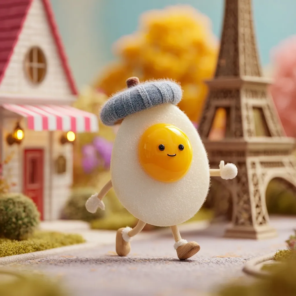 A cheerful fried egg character, wearing a blue beret, strolls down a miniature street.  The Eiffel Tower and a quaint little house form the backdrop. The egg's yolk is a smiling face, and its tiny legs are taking it on an adventure. The scene is charming and whimsical, with a soft focus on the background elements.