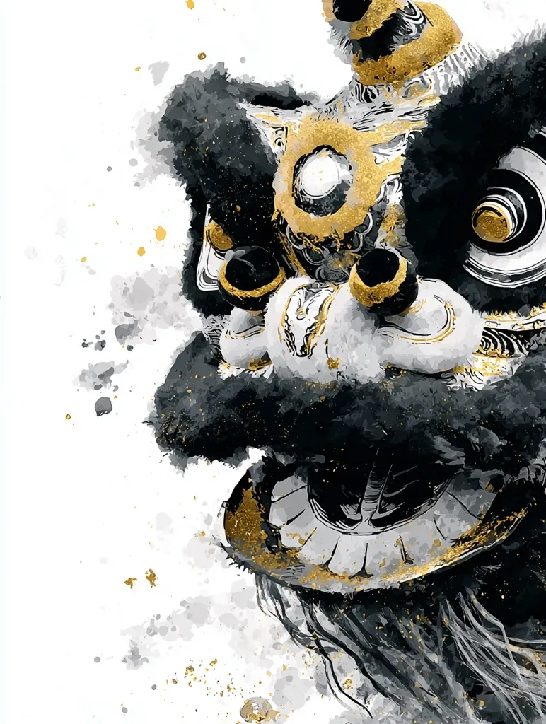 A stylized watercolor painting depicts a lion dance head, predominantly black and white with gold accents.  The intricate details of the mask are highlighted, showing the craftsmanship.  The background is a splatter of grey and gold watercolor, adding to the artistic expression.  The overall effect is a modern and elegant interpretation of a traditional Chinese cultural symbol.