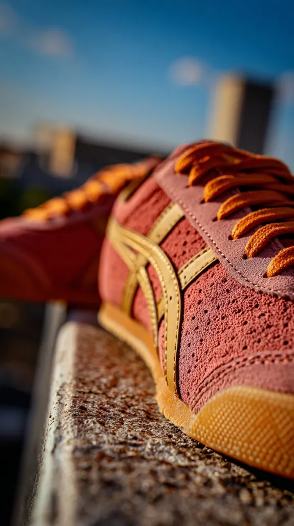 Close-up view of a pair of dusty rose suede Onitsuka Tiger Mexico 66 sneakers with orange laces.  The shoes are resting on a textured, weathered surface, with a blurred cityscape background. The sunlight highlights the texture of the suede and the gum sole.  The focus is sharply on the foreground shoe.