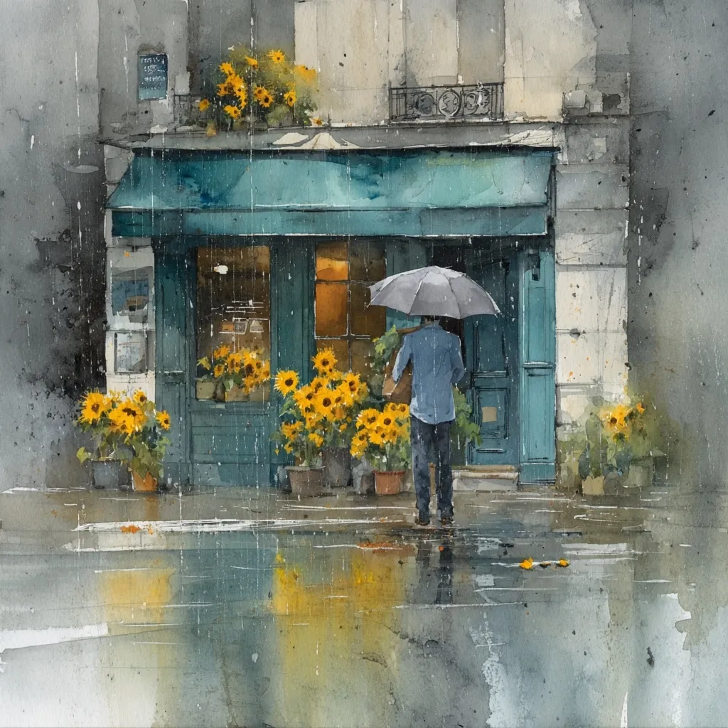 A watercolor painting depicts a Parisian flower shop on a rainy day.  A person with an umbrella stands outside, seemingly purchasing sunflowers displayed in pots. The shop's teal awning and door contrast with the gray Parisian building.  Rain reflects on the wet street, creating puddles.  The scene is peaceful and evokes a sense of quiet Parisian charm.