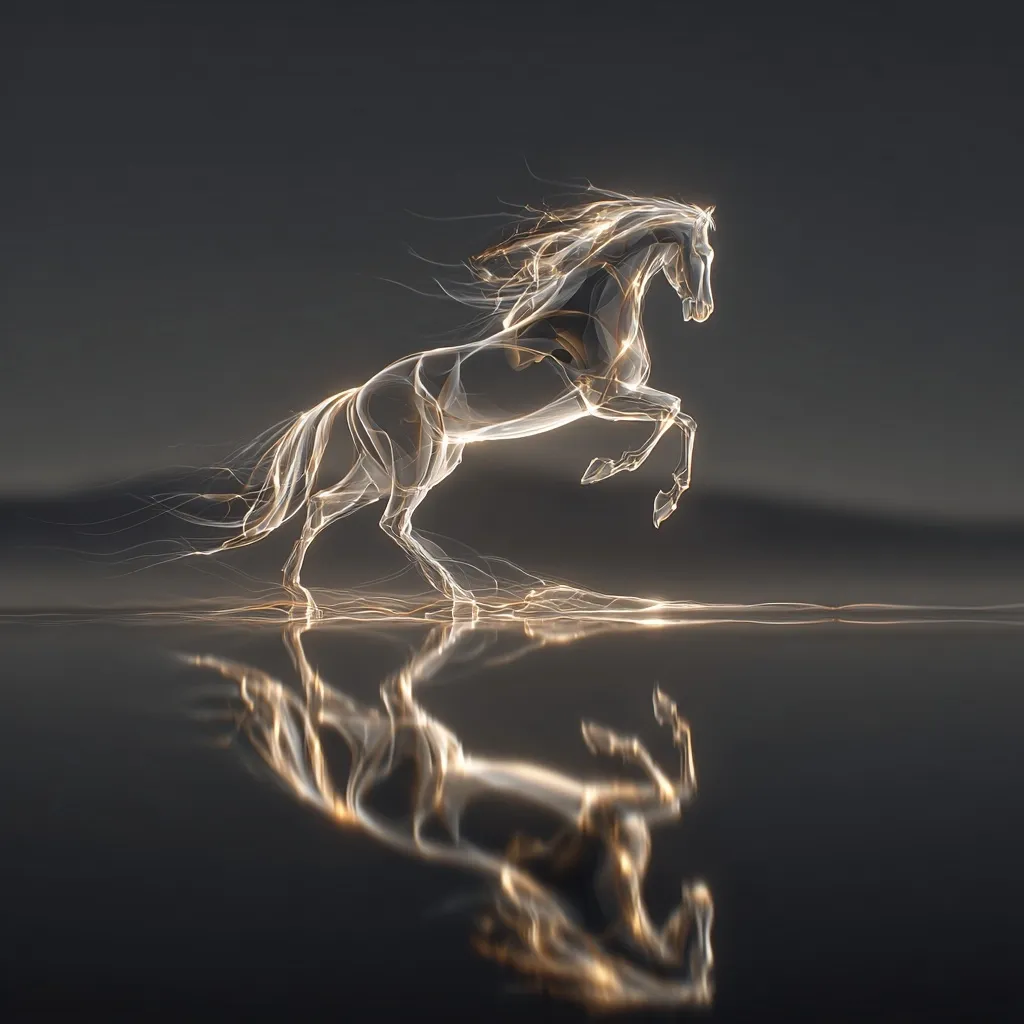 A stylized, luminous horse leaps gracefully, its form composed of flowing, golden energy against a dark gray background.  The horse's mane and tail stream behind it, adding to the sense of motion.  It is reflected in a still, dark water, creating a mirrored image that enhances the ethereal quality of the artwork. The overall impression is one of elegance, power, and a subtle mystical feel.