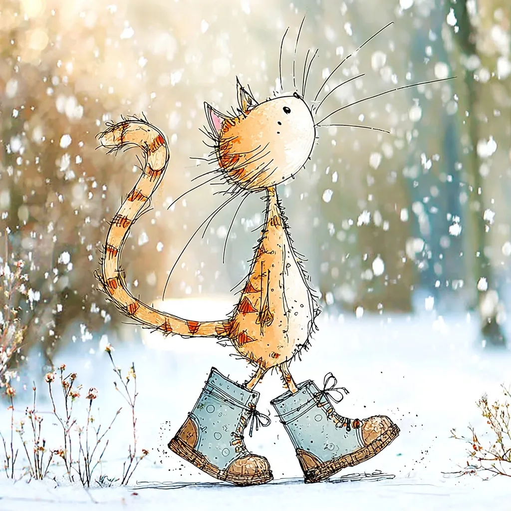 A whimsical illustration depicts an orange tabby cat, adorned in light blue boots, strolling through a softly falling snow.  The cat's long tail curls playfully behind it, and its gaze is directed upward, possibly watching the snowfall.  The background suggests a wintery woodland scene, with blurred trees and delicate snow-covered plants.  The overall style is lighthearted and charming.