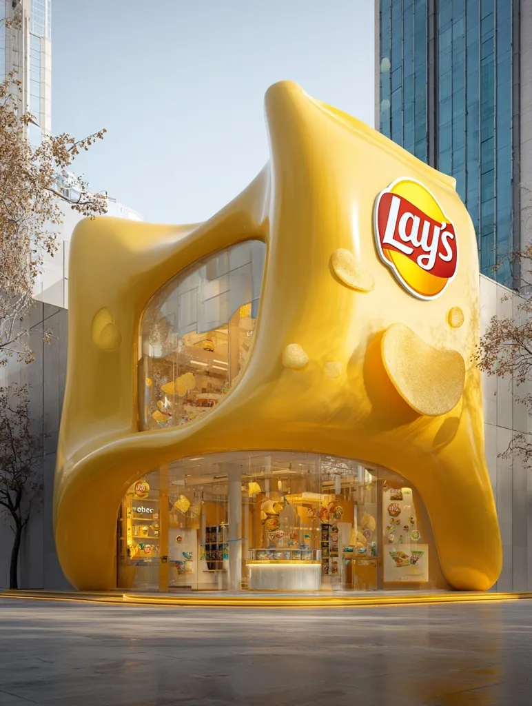 A whimsical Lay's chip-shaped store stands on a city street.  The bright yellow building mimics a giant bag of chips, complete with sculpted potato chip details.  Large glass windows reveal a brightly lit interior filled with Lay's products. The modern architecture contrasts with the traditional cityscape in the background.  The overall design is eye-catching and playful.