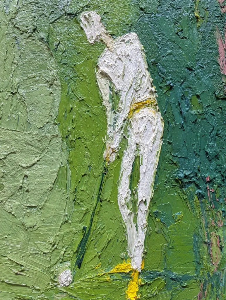 An impasto oil painting depicts a golfer in white, putting on a green course.  The style is expressive and loose, with thick paint application creating texture. The golfer's form is simplified, yet conveys movement.  The background is a vibrant green, rendered with bold brushstrokes. The overall effect is energetic and evocative of the sport.