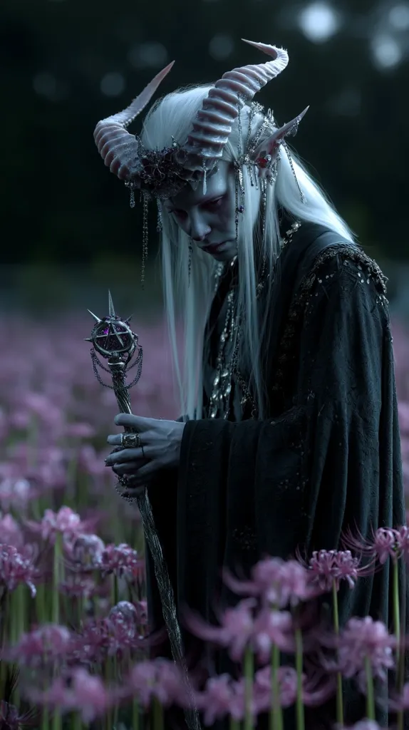 A pale-skinned figure with long white hair and large, spiraled horns stands in a field of purple flowers.  They wear a dark, ornate robe and hold a staff topped with a dark, spiked orb.  The overall aesthetic is dark fantasy, with a focus on the figure's otherworldly appearance and mysterious demeanor.  The image evokes a sense of fantasy and perhaps magic.