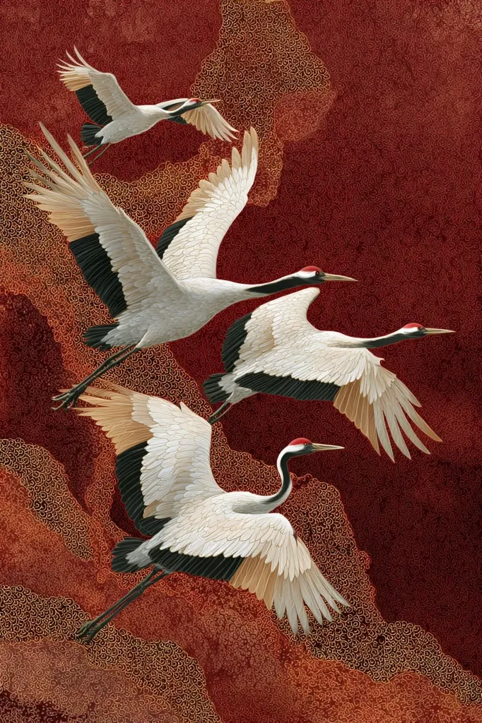 Four red-crowned cranes in flight are depicted against a rich, dark red background adorned with a swirling, golden pattern resembling clouds. The cranes are rendered with exquisite detail, showcasing their elegant plumage and graceful movements.  The composition evokes a sense of serenity and natural beauty, possibly inspired by East Asian art.