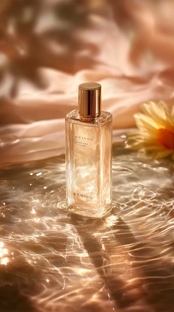 A rectangular bottle of EMNSPEON perfume sits on a shimmering, golden surface. The bottle is filled with a light amber liquid and features a gold cap.  The background is blurred but shows a soft, peach-colored fabric and a hint of a yellow flower. The overall image evokes luxury and serenity.  The setting creates a warm, inviting ambiance.