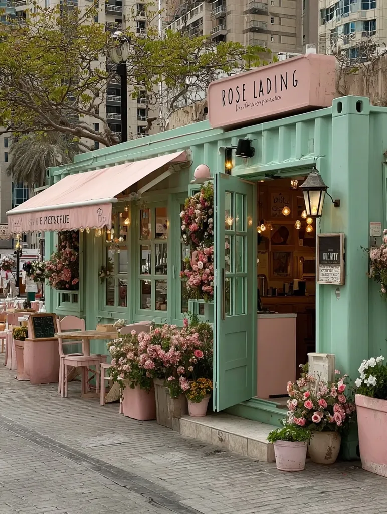 Rose Lading, a charming pastel-green cafe, sits nestled amidst city buildings.  Adorned with pink awnings, overflowing flower boxes, and delicate lighting, it exudes a romantic atmosphere.  Pink chairs and tables are set outside, inviting patrons to enjoy the floral ambiance. The cafe's design, utilizing a repurposed shipping container, is both unique and aesthetically pleasing.  The overall impression is one of feminine elegance and tranquil beauty.