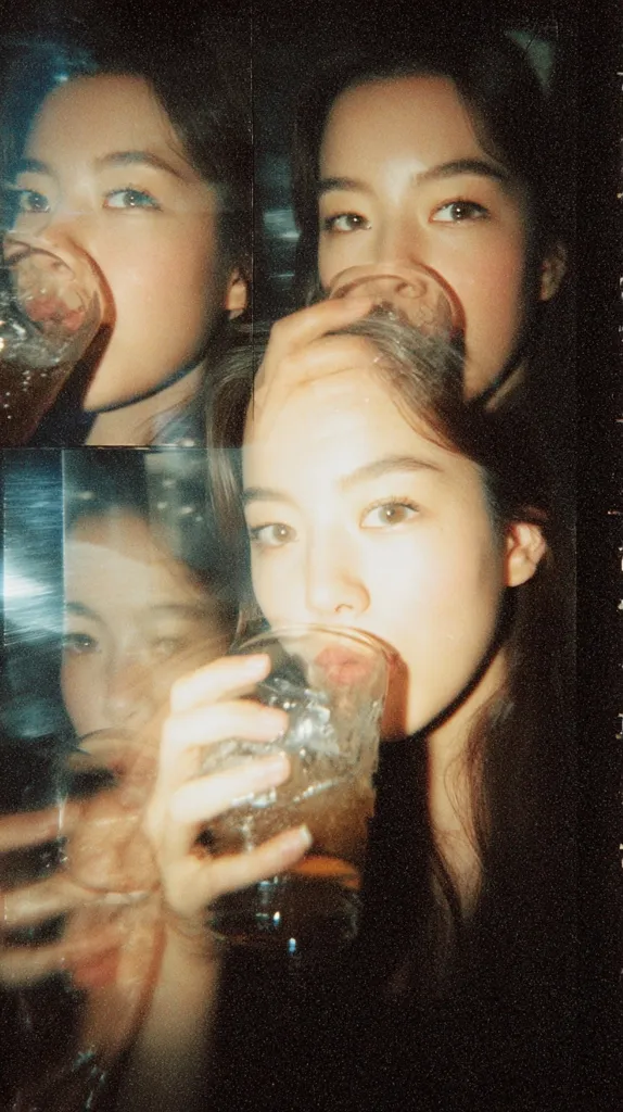 A grainy, close-up image shows three similar-looking young women, possibly twins or sisters, each holding a glass of a dark amber liquid.  The central figure is in sharpest focus, while the other two are slightly blurred and reflected, creating a dreamy, almost surreal effect.  The overall aesthetic suggests a film photograph, capturing a candid moment in a dimly lit setting.