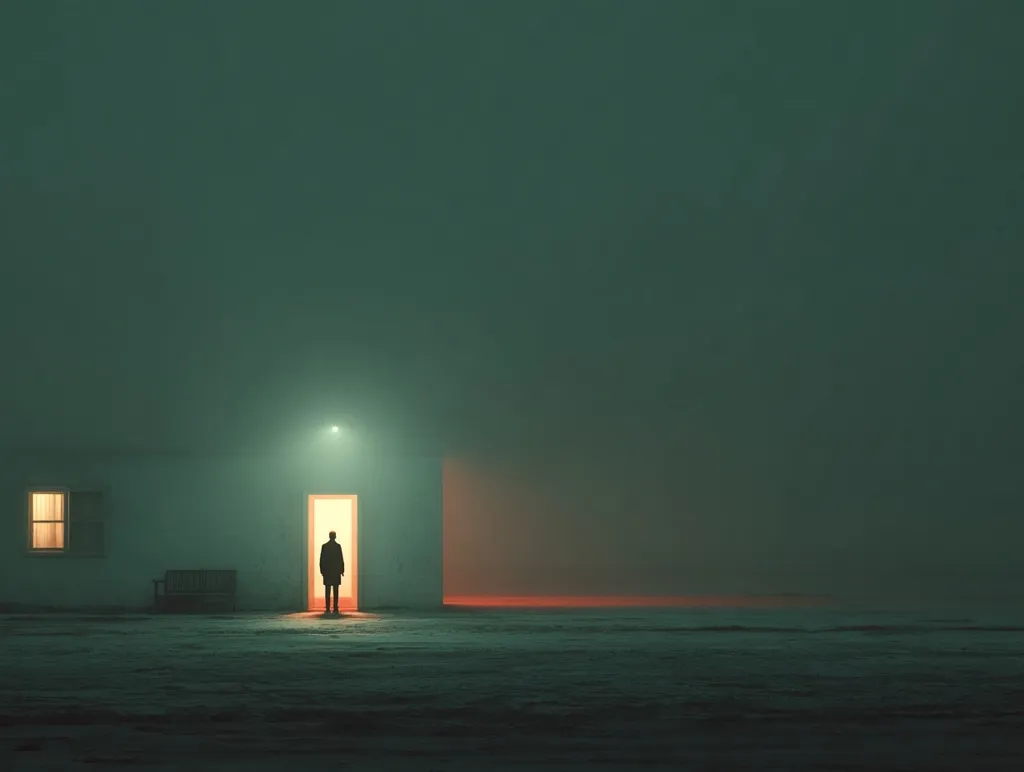 A solitary figure stands silhouetted in the doorway of a small, dimly lit house, enveloped by a thick, eerie fog.  A single light illuminates the scene, casting a soft glow on the person and the building. The atmosphere is mysterious and somewhat melancholic, creating a sense of isolation and unease. The overall color palette is muted greens and oranges, enhancing the moody ambiance.