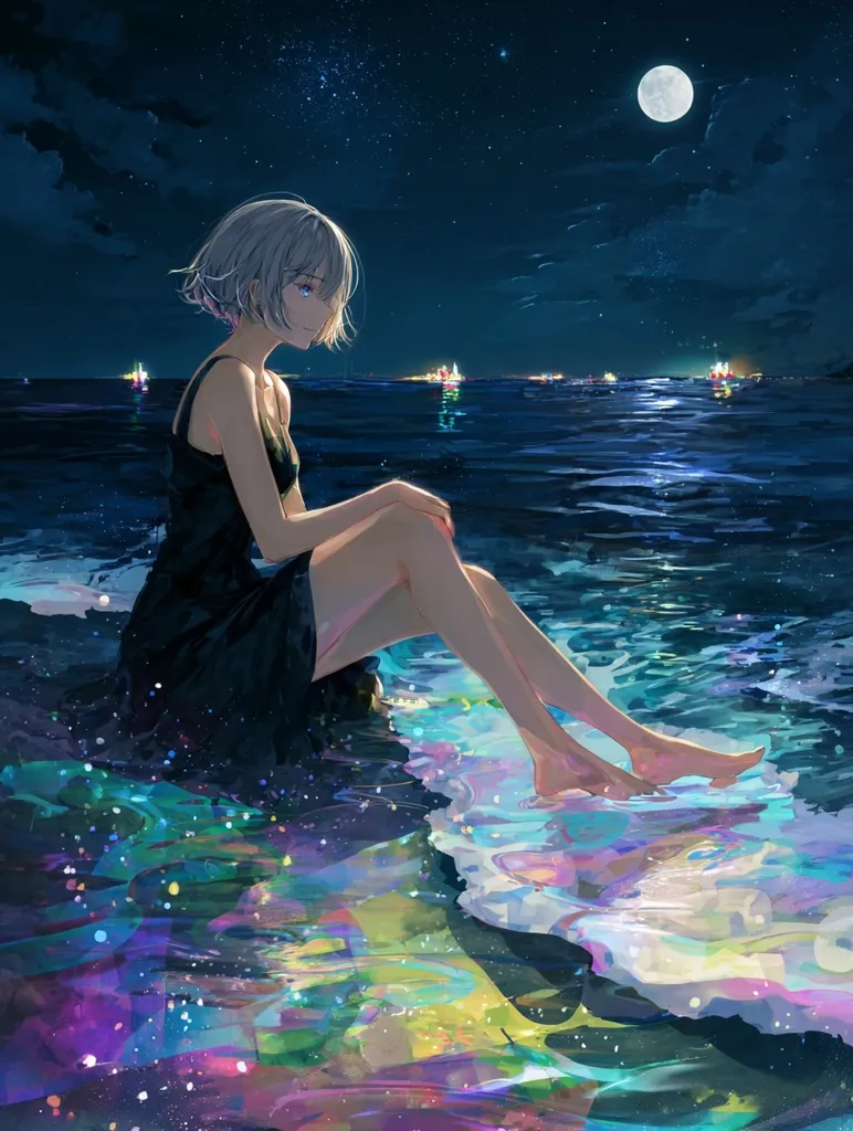 A young woman with short, silver hair sits by the ocean at night.  She wears a dark dress and her bare feet dip into the iridescent water.  A full moon shines brightly in the starry sky, and lights twinkle faintly on the water in the distance.  The scene is serene and dreamlike, with vibrant, almost surreal coloring in the water.