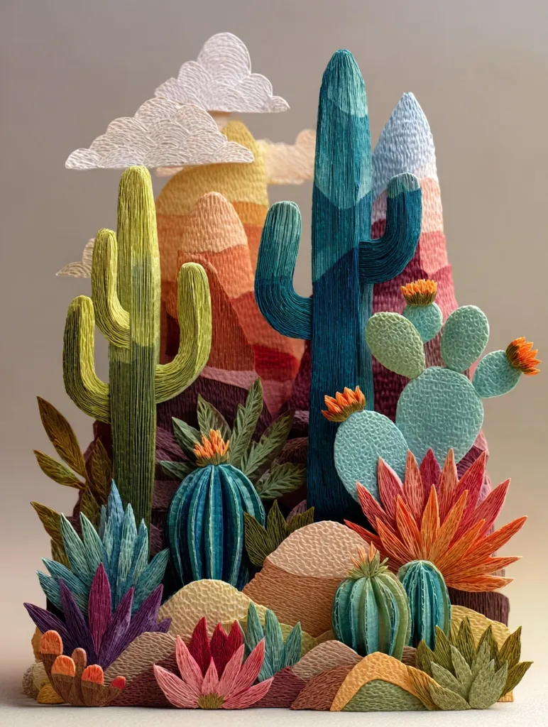 A vibrant, three-dimensional paper art piece depicts a desert landscape.  Tall cacti in shades of teal and green dominate the scene, surrounded by smaller cacti, succulents, and textured hills in warm earth tones.  Fluffy white clouds float above the scene, enhancing the desert's ambiance. The artwork's intricate detail and color palette create a striking visual impact.