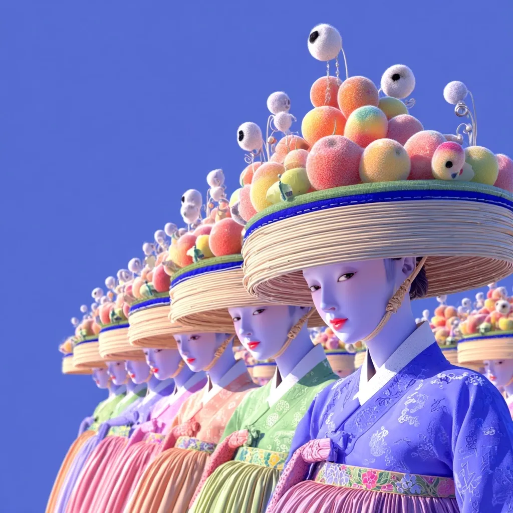 A row of pale-skinned figures in pastel-colored hanbok stand against a clear blue sky.  Each wears a large, wide-brimmed hat adorned with a profusion of fuzzy peaches and whimsical eyeball decorations. The surreal scene is meticulously detailed, creating a striking and dreamlike visual effect. The overall impression is one of both elegance and playful absurdity.
