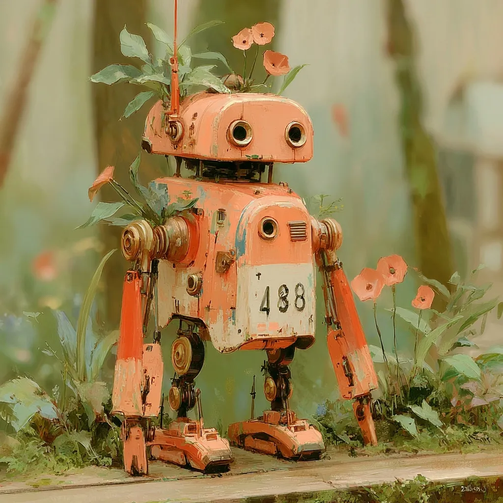 A charming, rusty orange robot, numbered 488, stands amidst a garden.  Small orange flowers sprout from the ground around its base, and a small potted plant sits atop its head.  The robot appears weathered and vintage, suggesting a story of age and gentle abandonment in a peaceful natural setting. Its design is whimsical and detailed, showcasing a blend of mechanical elements and organic life.