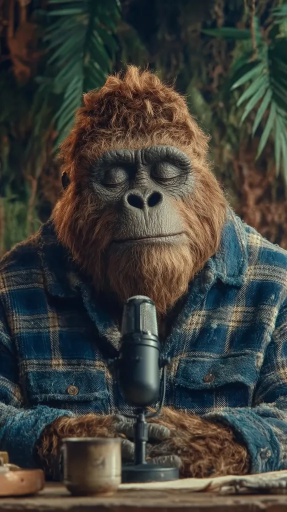 A hairy gorilla, wearing a blue plaid shirt, sits calmly before a microphone.  Its eyes are closed, suggesting a peaceful or meditative state. The setting appears to be a rustic studio, possibly a podcast recording, with a wooden table and a mug visible.  The background features blurred tropical foliage.  The overall image is evocative and slightly surreal.