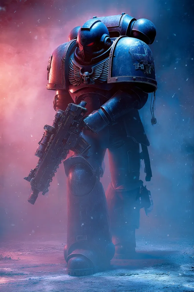 A weathered Space Marine, clad in dark blue power armor, stands amidst a swirling, smoky battlefield.  His helmet's red glow is visible, and he grips a heavy, futuristic firearm.  The scene is bathed in cool blues and warm reds, suggesting a harsh, atmospheric environment.  Snow or dust particles drift in the air, adding to the desolate ambiance. The marine's pose conveys readiness and a sense of grim determination.