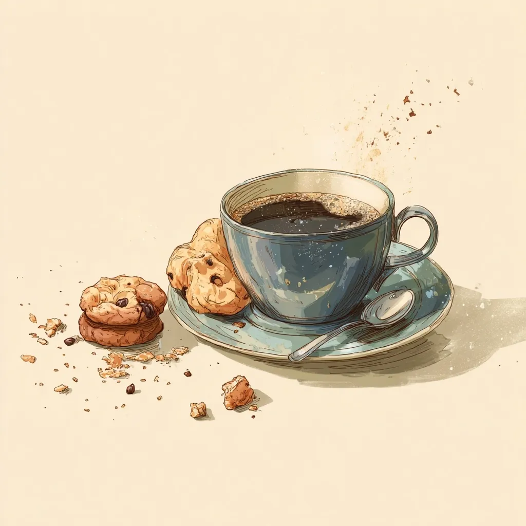A hand-drawn illustration depicts a serene coffee break. A teal cup, brimming with dark coffee, sits on a matching saucer alongside a spoon. Beside it, two chocolate chip cookies rest on the saucer, with crumbs scattered nearby.  The style is reminiscent of a vintage sketch, with subtle shading and textured lines, creating a cozy and inviting scene.