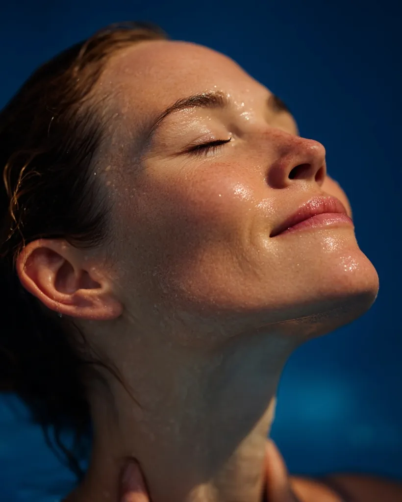 Close-up of a woman's face, wet with water, eyes closed, head tilted back.  Her skin is glistening in the sunlight.  The background is a blurred dark blue, suggesting she might be in a pool or underwater. The image evokes a feeling of serenity and relaxation.