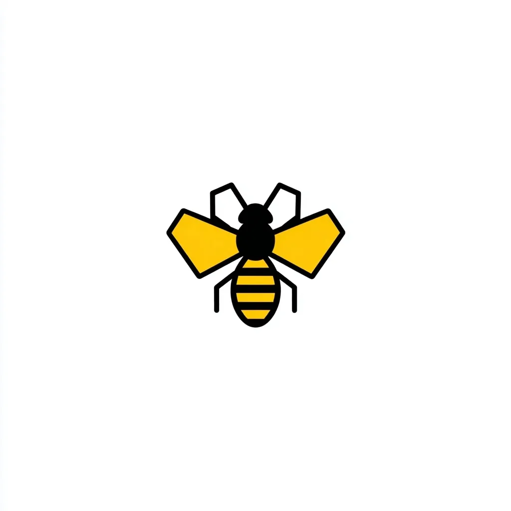 The image shows a stylized bee icon.  It's a simple, geometric design with bold black outlines and bright yellow wings. The bee's body is segmented with black stripes on a yellow background.  The overall style is clean and modern, suitable for a logo or branding element.
