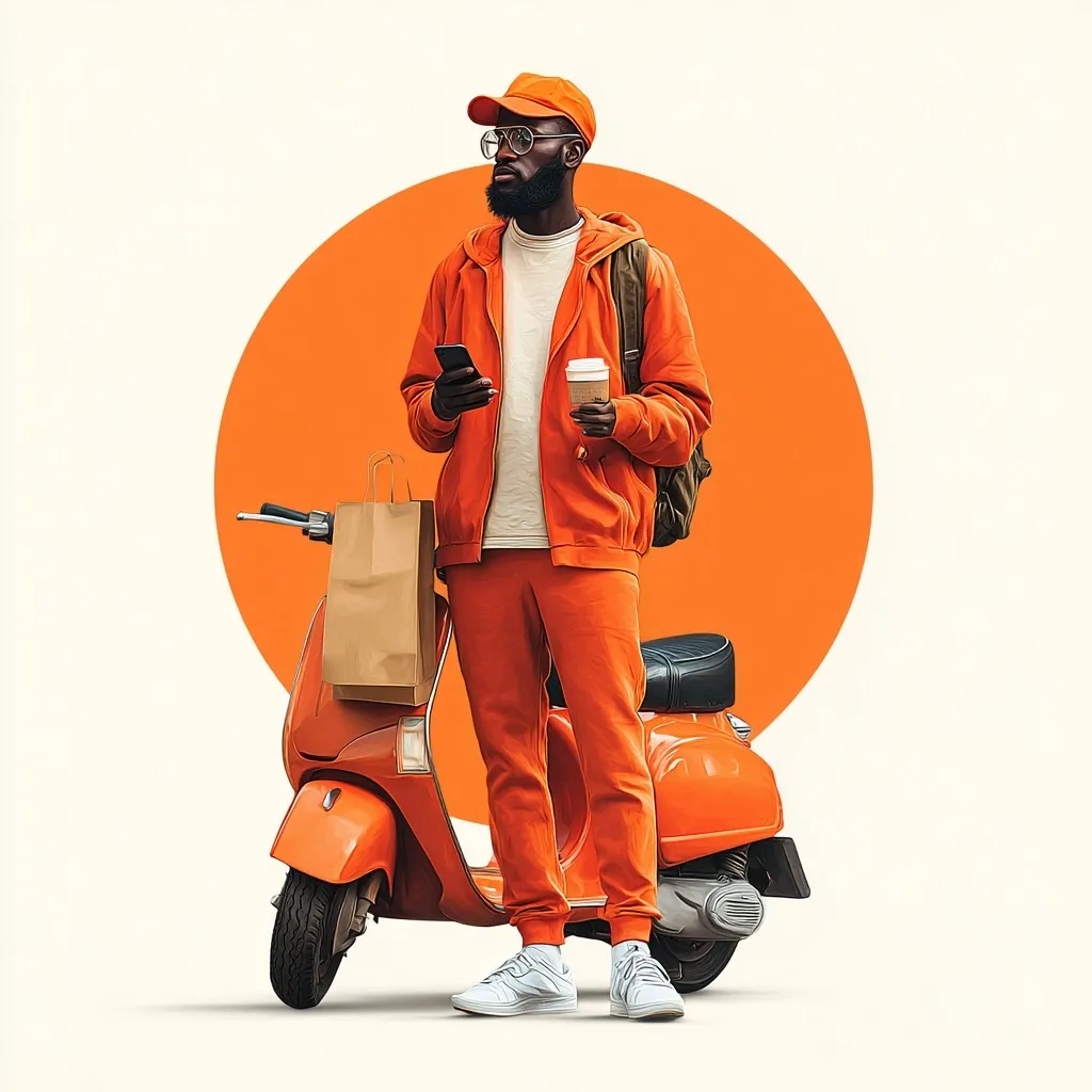 A Black delivery person, clad in an orange tracksuit and cap, stands beside an orange scooter. He carries a brown paper bag, a takeaway coffee cup, and uses his phone.  The vibrant orange theme is visually striking, set against a minimalist white background with a large orange circle behind the figure. The overall image suggests speed, efficiency, and modern delivery services.