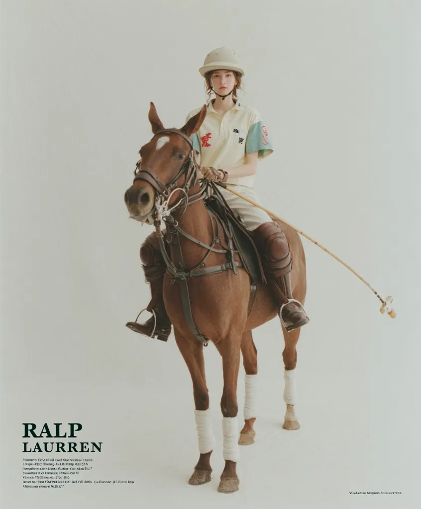 A young woman in a Ralph Lauren polo shirt and helmet sits astride a brown horse, holding a mallet.  The image is set against a minimalist white background, emphasizing the equestrian attire and the brand. The horse wears protective leg wraps, and the overall style is classic and elegant. The photograph conveys a sense of sophistication and grace.