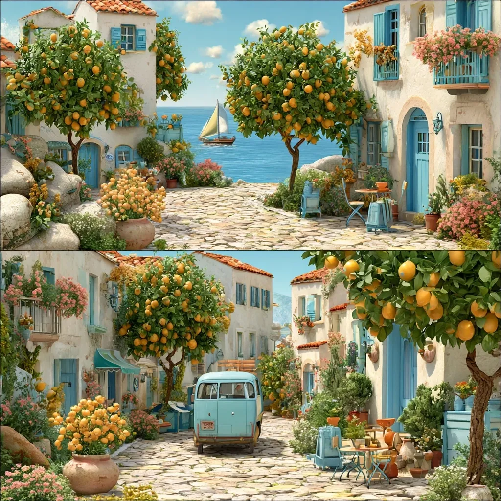 A charming coastal village scene unfolds, showcasing quaint whitewashed houses adorned with vibrant bougainvillea and overflowing lemon trees.  Cobblestone streets wind between the buildings, leading to a tranquil sea where a sailboat glides.  A vintage van adds a touch of whimsy to the idyllic setting, complete with outdoor cafe seating amongst the lush greenery.  The overall atmosphere is one of serene beauty and Mediterranean charm.