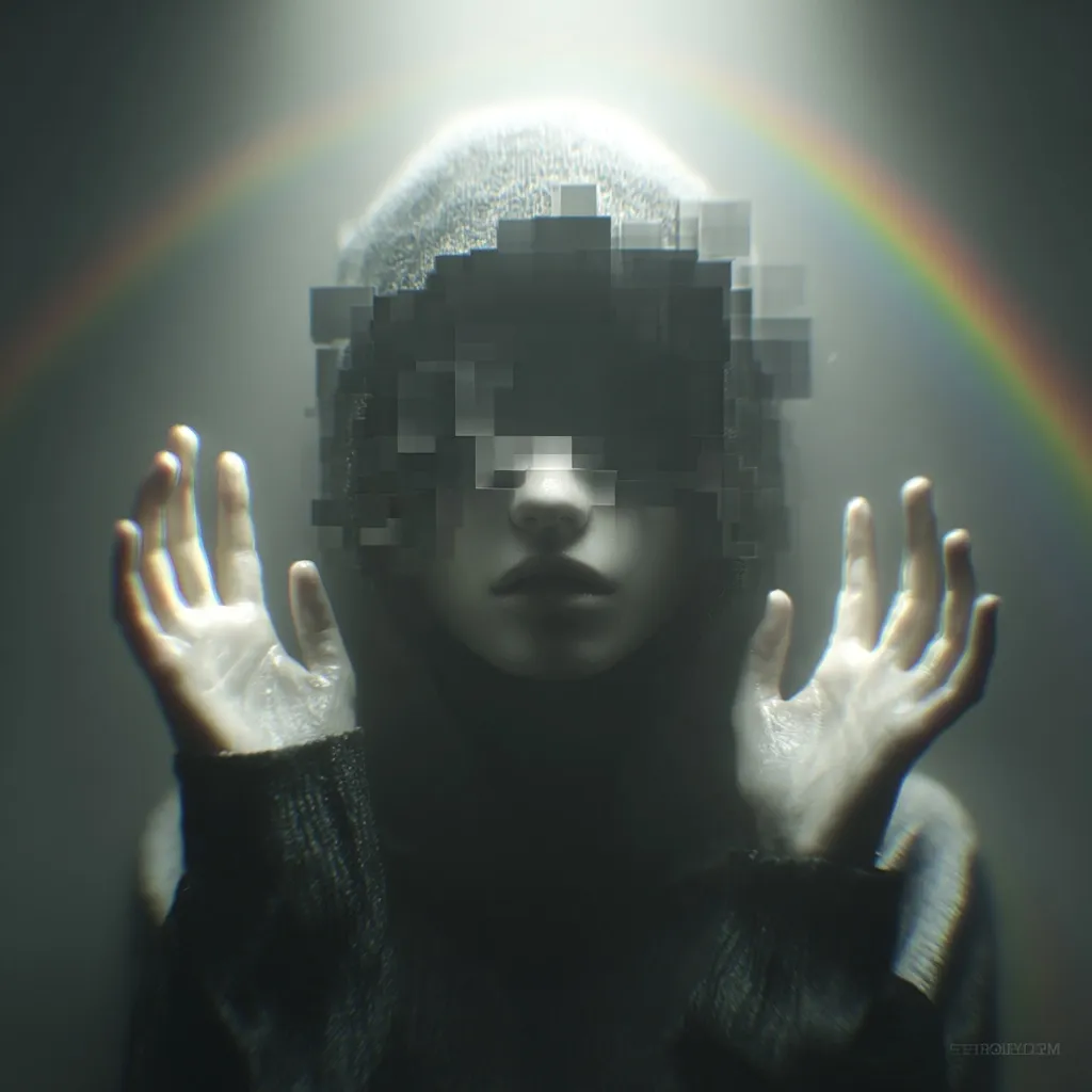A digital painting depicts a hooded figure, their face partially obscured by pixelated blocks.  Their hands are outstretched, seemingly reaching towards a faint rainbow appearing behind them.  The overall mood is melancholic and ethereal, suggesting a theme of digital identity or fragmented memory. The muted colors and soft lighting enhance the mysterious atmosphere.