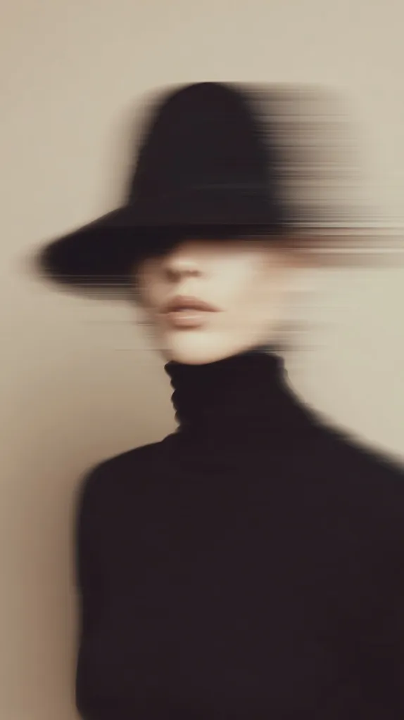 A blurred image of a woman wearing a black hat and turtleneck.  The motion blur creates a sense of movement and mystery, obscuring her features but emphasizing her elegant attire. The neutral background further isolates the subject, drawing focus to the texture and form of her clothing. The overall effect is stylish and enigmatic.